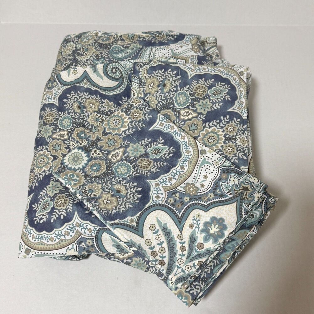 Pottery Barn White Blues Greens Floral Medallion Paisley KING Duvet 108"x92"